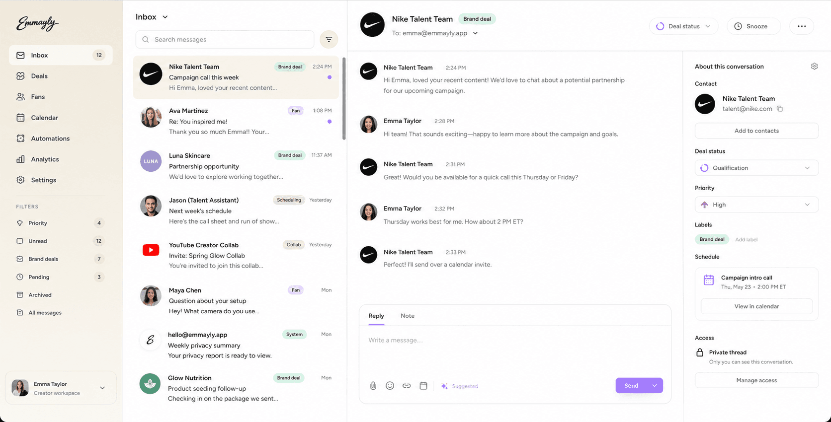 Emmayly inbox product screenshot